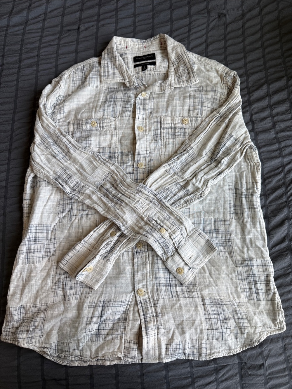Banana Republic Light White and Gray Plaid Button-Down Shirt